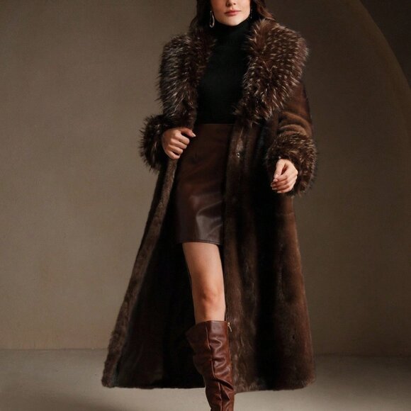 Brown elegantWomen's Two-Tone Faux Fur Collar Thick teddy belted Jacket - Picture 5 of 10